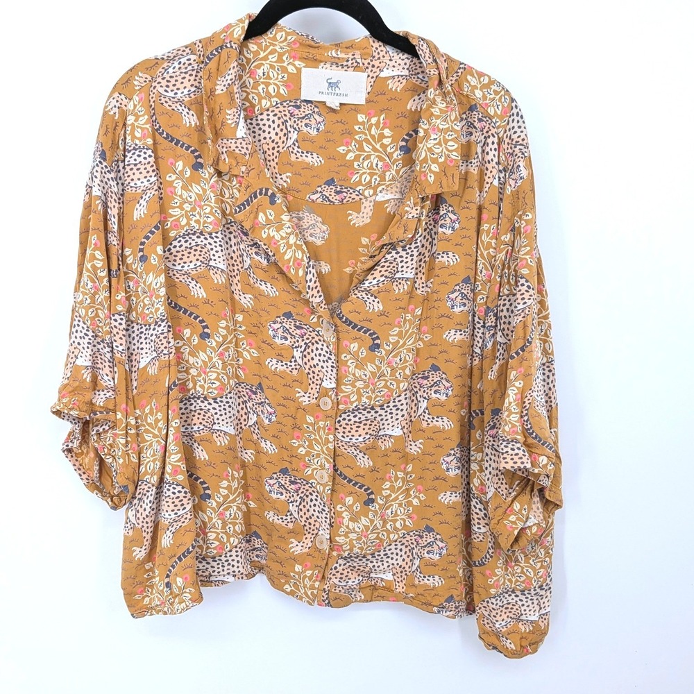 Printfresh Pajama Shirt Women Large Mustard Yellow Leopard Floral Button Up Boxy